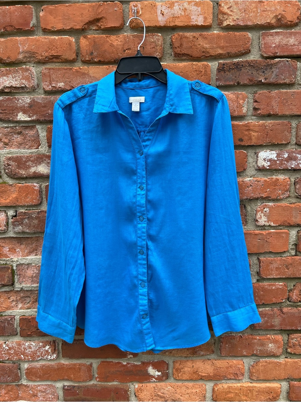 Chico’s Bright Blue Button-Up Blouse Ramie/Cotton Roll Tab Sleeves 2/L